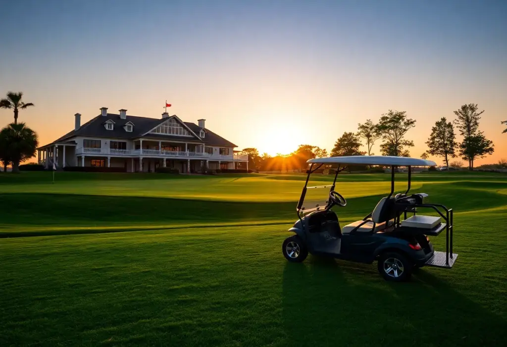 A beautiful golf course during sunset with a luxurious clubhouse in the background.