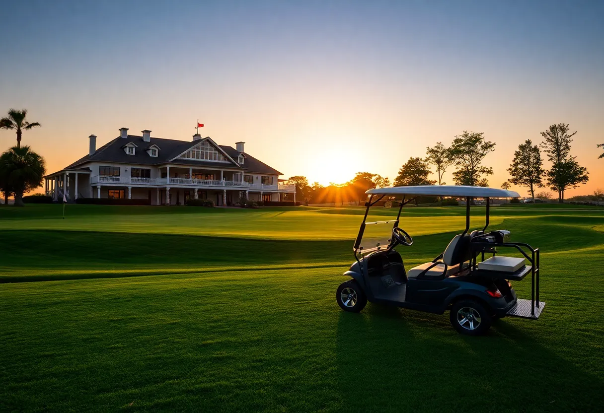 A beautiful golf course during sunset with a luxurious clubhouse in the background.