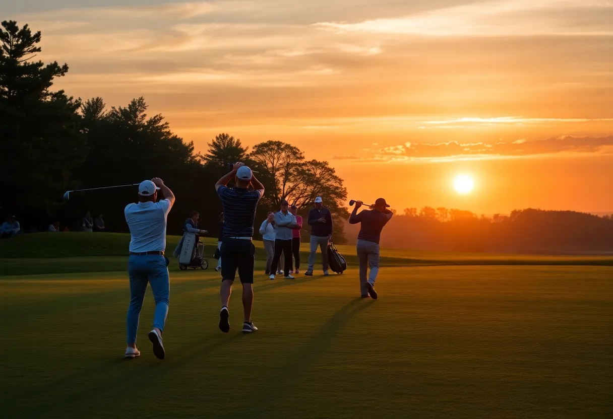 A golf course during sunset with players practicing.