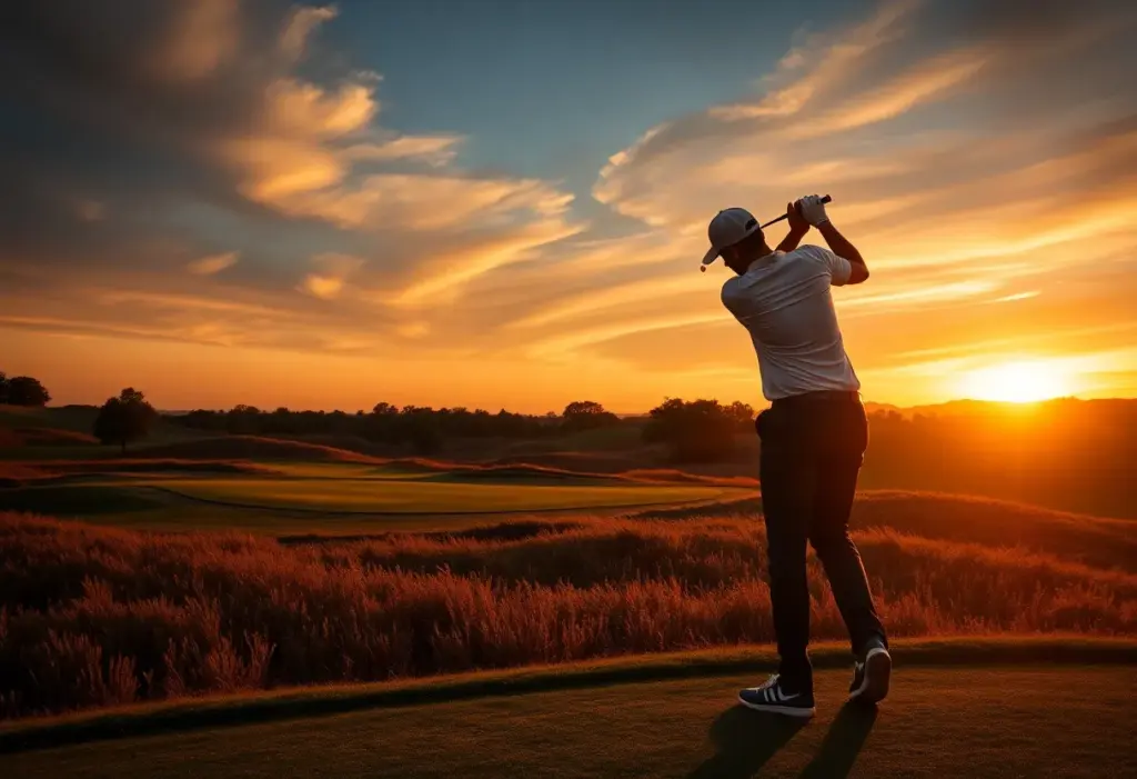 A beautiful sunset over a golf course, symbolizing uncertainty in the sport.
