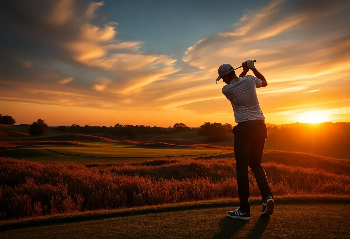 A beautiful sunset over a golf course, symbolizing uncertainty in the sport.
