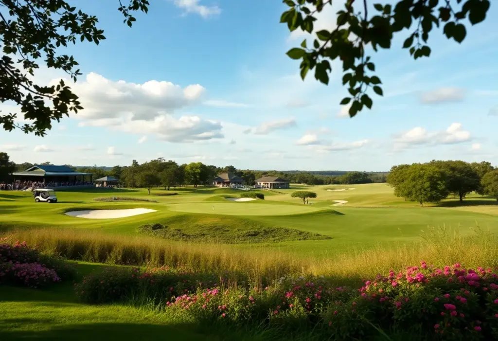 A scenic golf course during a tournament with lush green landscapes.
