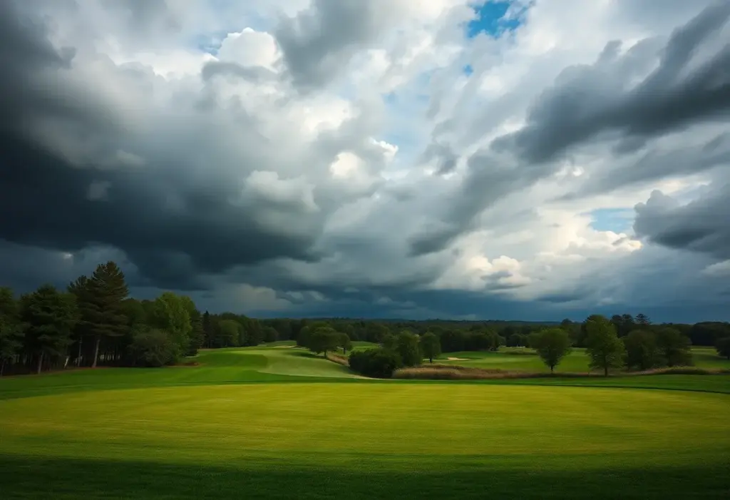 A golf course with dramatic skies reflecting uncertainty