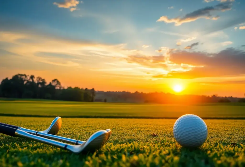 A tranquil sunset over a golf course, symbolizing the enduring legacy of a golf champion.