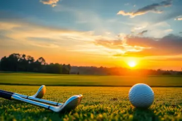 A tranquil sunset over a golf course, symbolizing the enduring legacy of a golf champion.