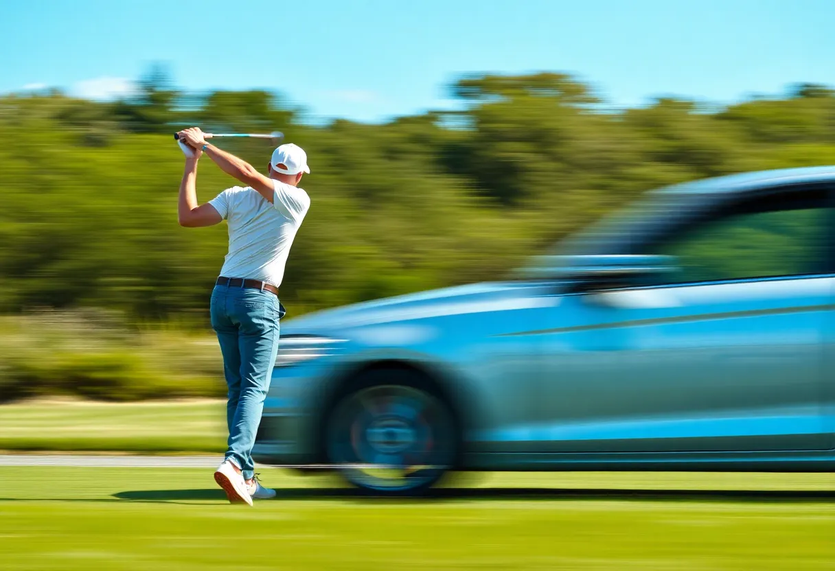 Golfer swinging as a car speeds along the course