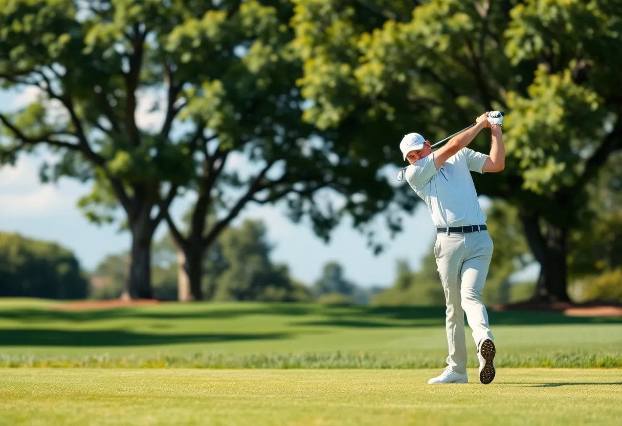 Golfer showcasing an impressive swing on a picturesque golf course