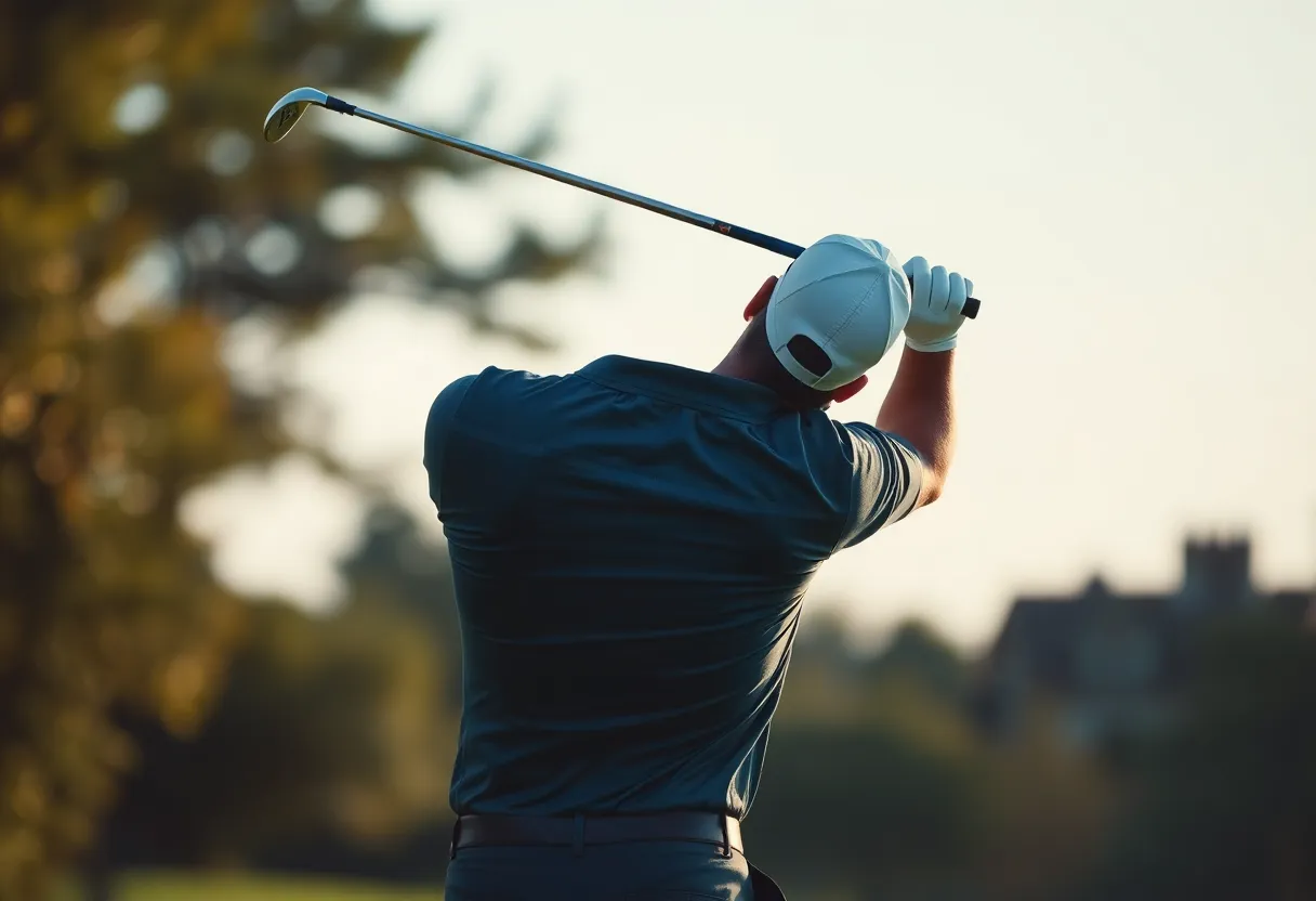 A golfer in mid-swing, demonstrating perfect form and technique.