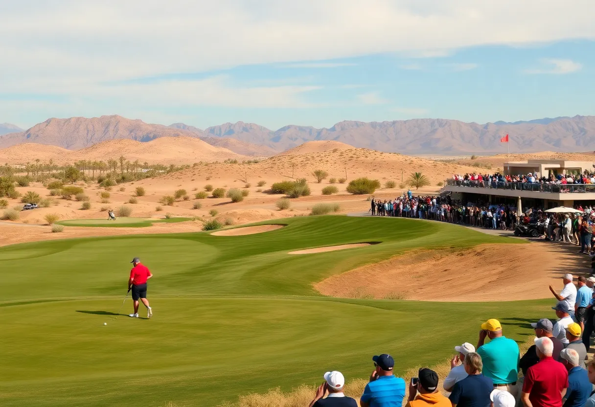 Desert golf course with golfers and audience at the Hero Dubai Desert Classic