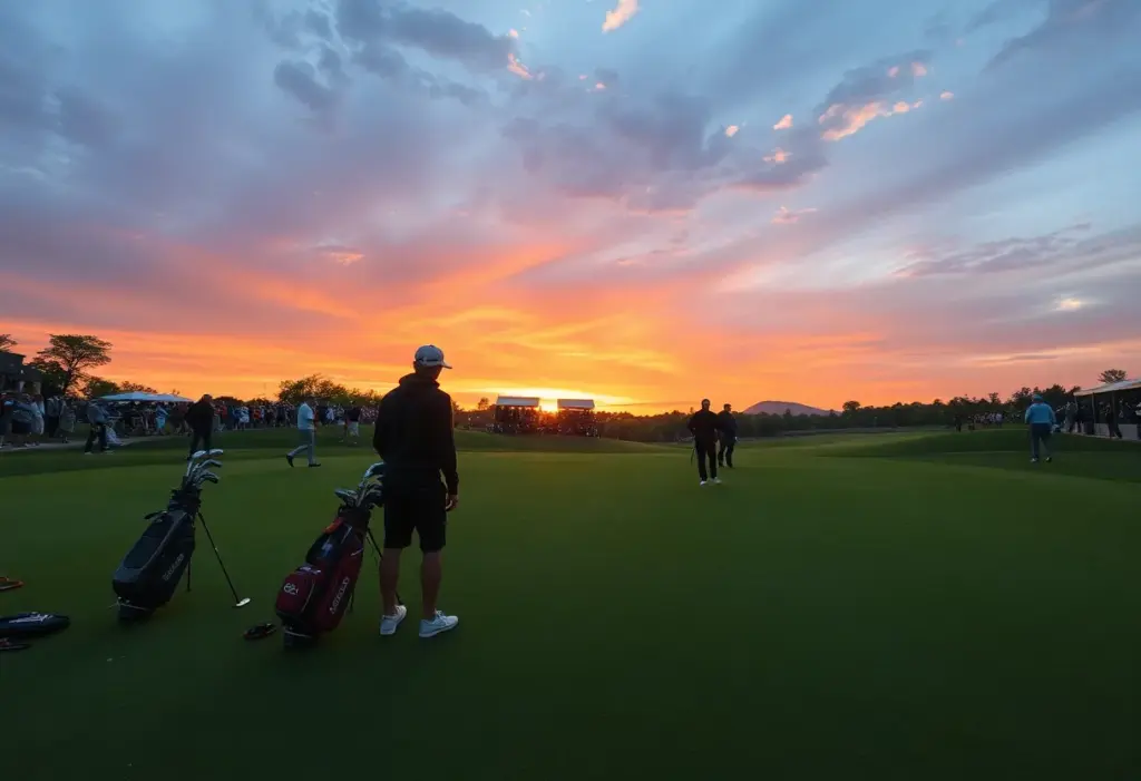 Golfers competing in a tournament on a beautiful course during sunset.