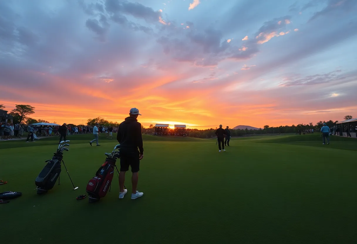 Golfers competing in a tournament on a beautiful course during sunset.