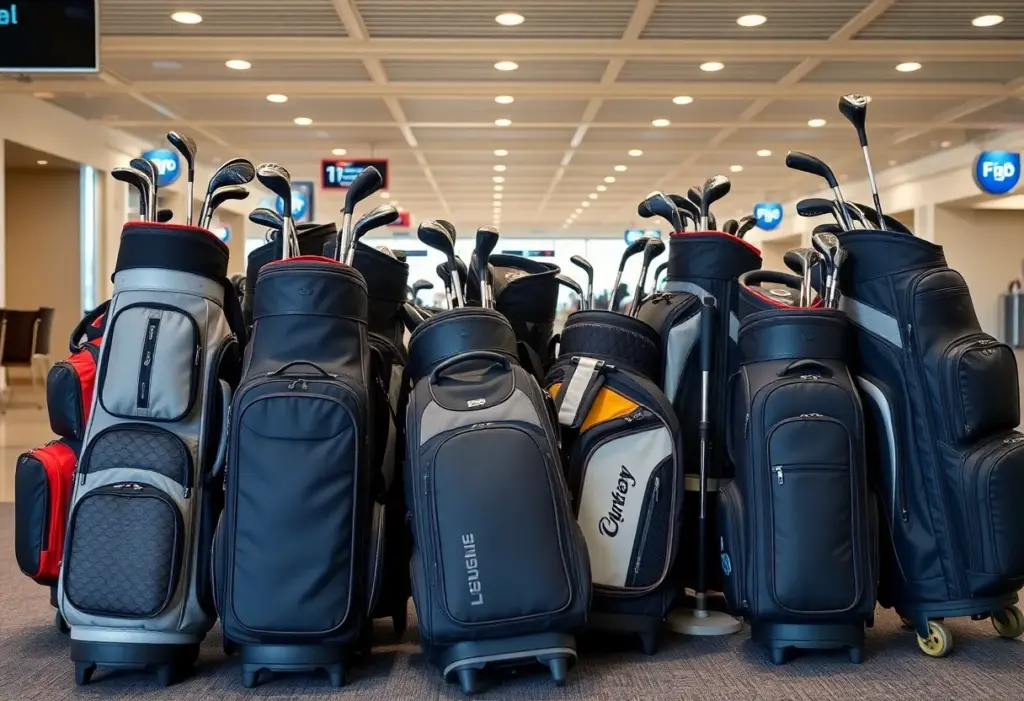 A variety of golf travel bags displayed at an airport with golf clubs