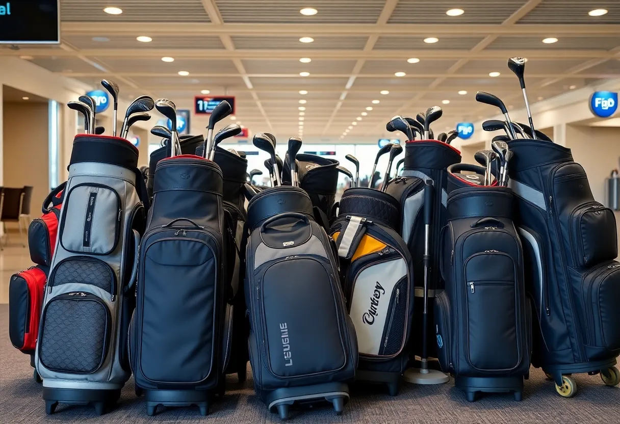 A variety of golf travel bags displayed at an airport with golf clubs