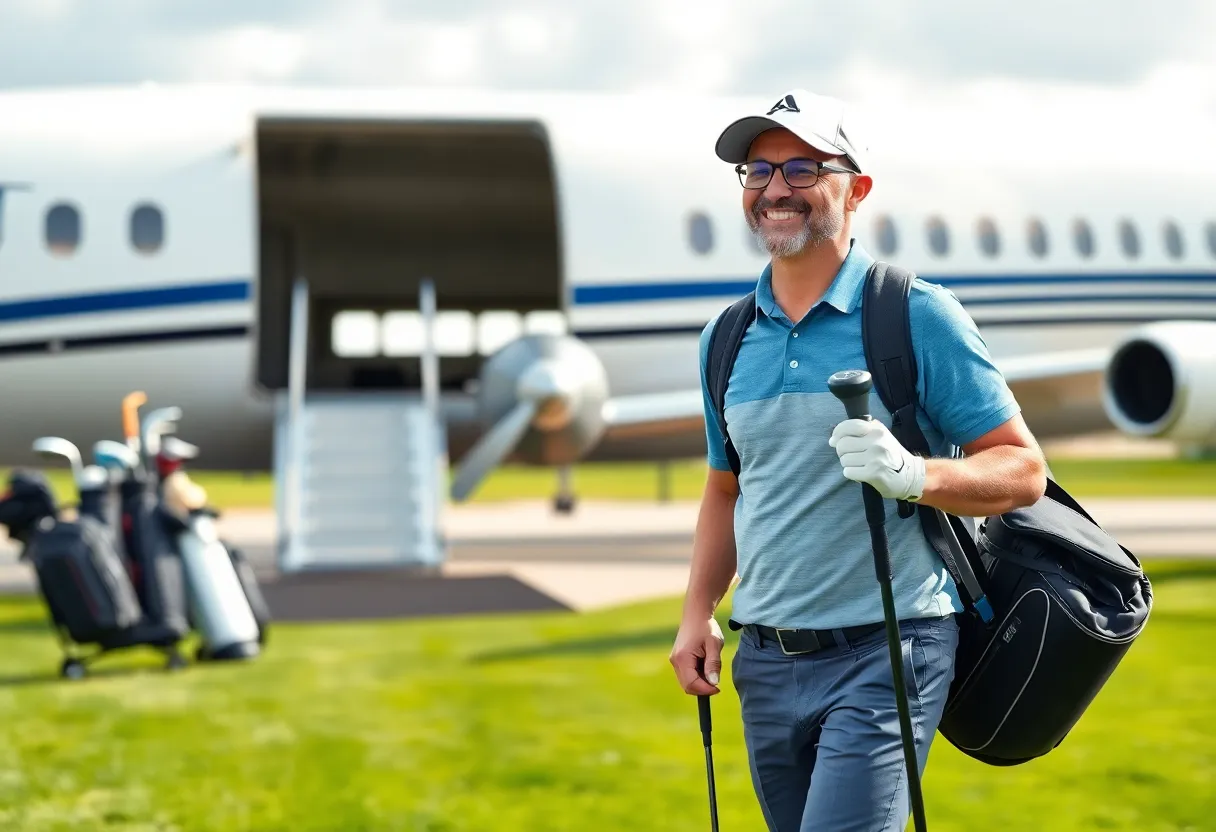 A golfer arriving at the golf course without carrying heavy bags, showcasing convenience in golf travel.