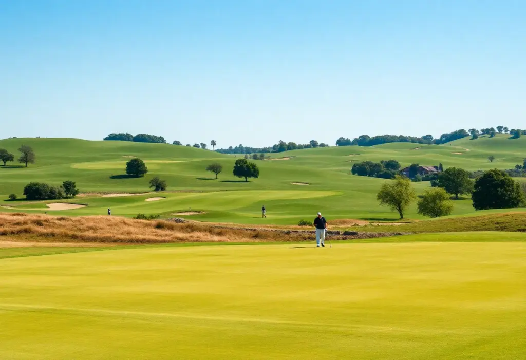 Players enjoying a round of golf on a sunny day at a scenic golf course.