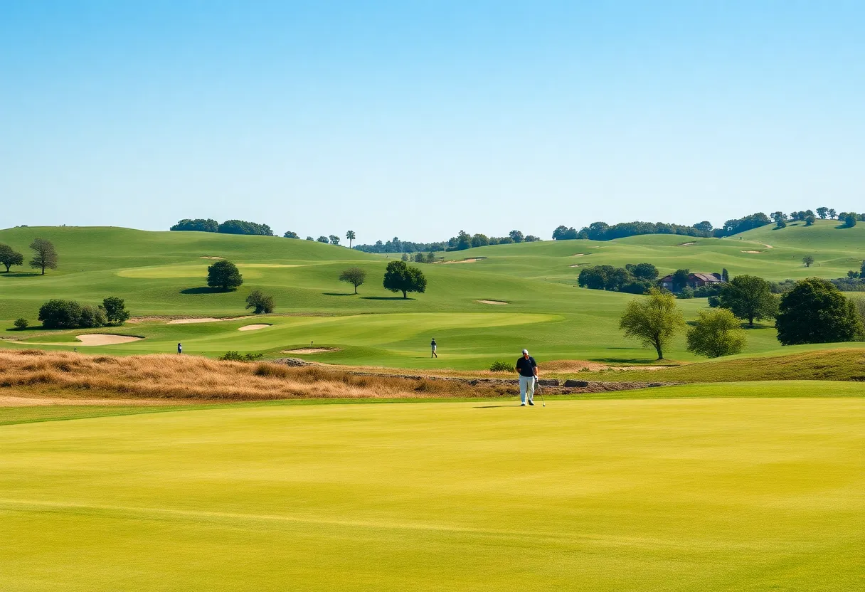 Players enjoying a round of golf on a sunny day at a scenic golf course.