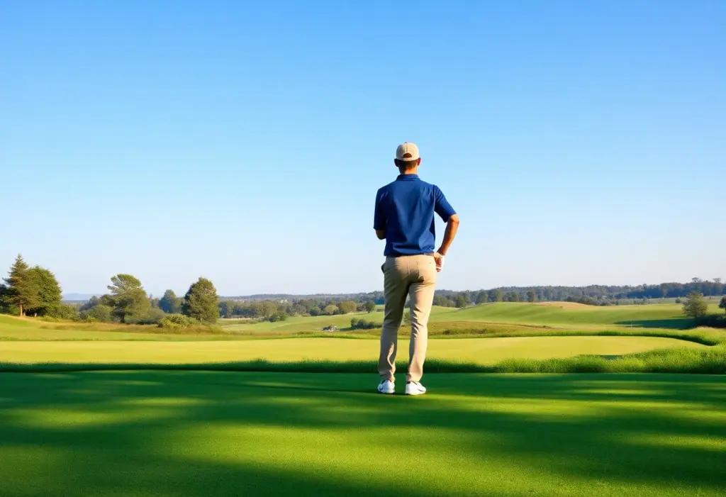Golfer looking towards a golf course, ready to return to amateur play.