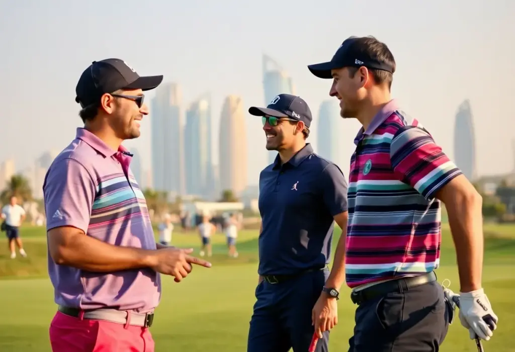 Professional golfers sharing laughs during a tournament in Dubai