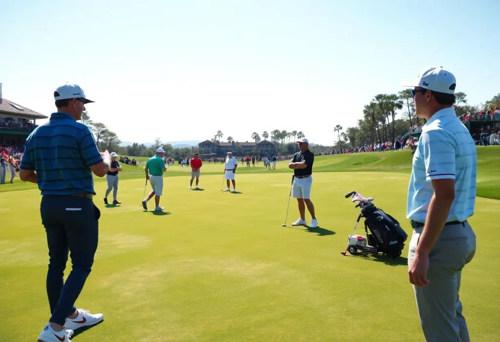 Golfers practicing on a lush green PGA Tour course