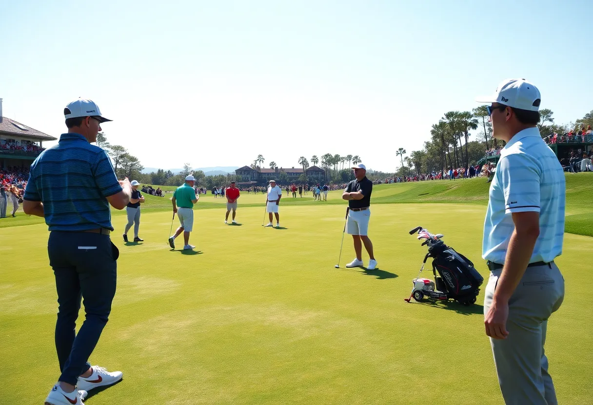 Golfers practicing on a lush green PGA Tour course
