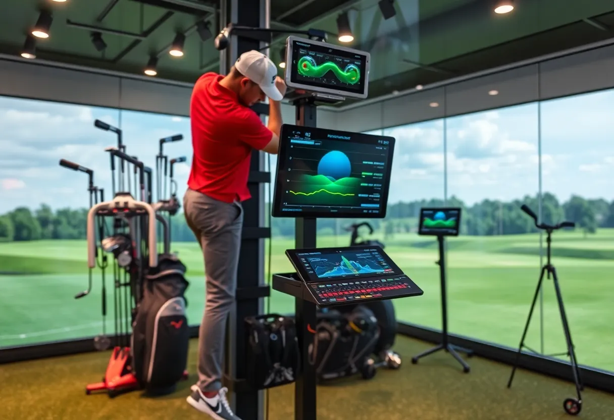 Display of GOLFJOY's innovative golf technology products on a golf course.