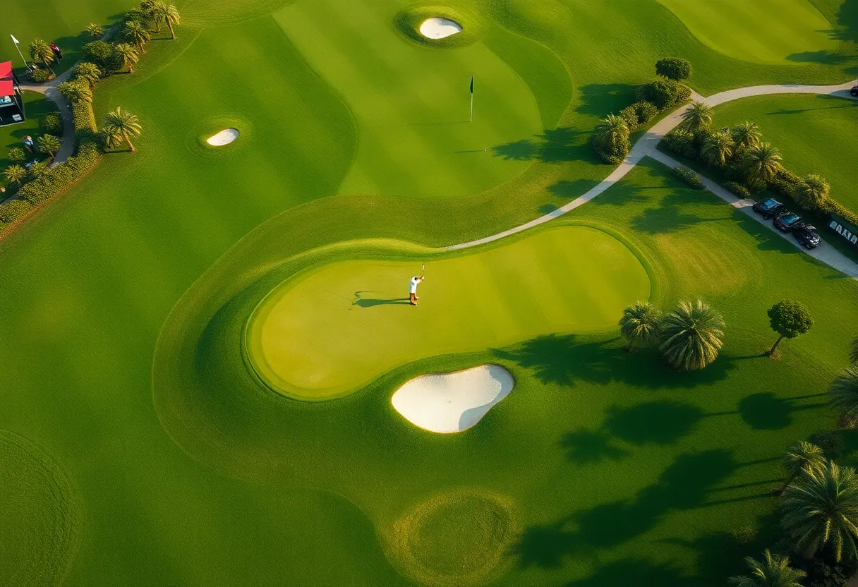 Aerial view of Emirates Golf Club during the Hero Dubai Desert Classic tournament.