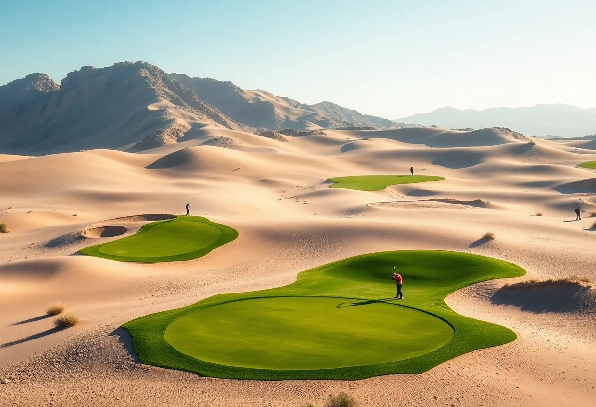 Golf players competing in the Hero Dubai Desert Classic in a breathtaking desert landscape