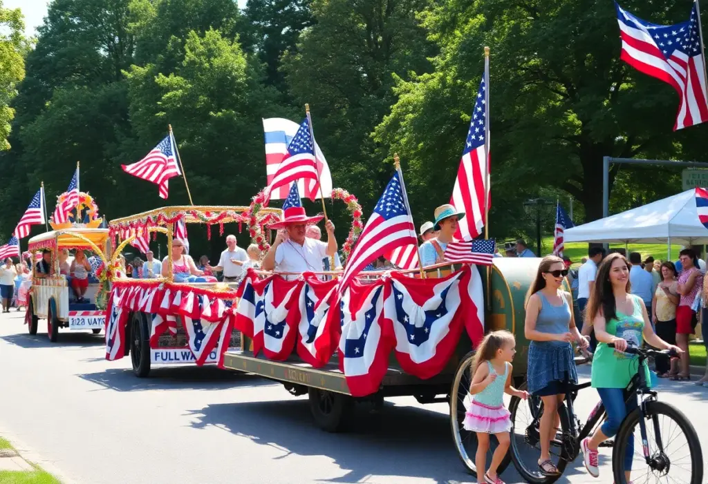 Families enjoying an Independence Day parade with colorful floats and American flags.
