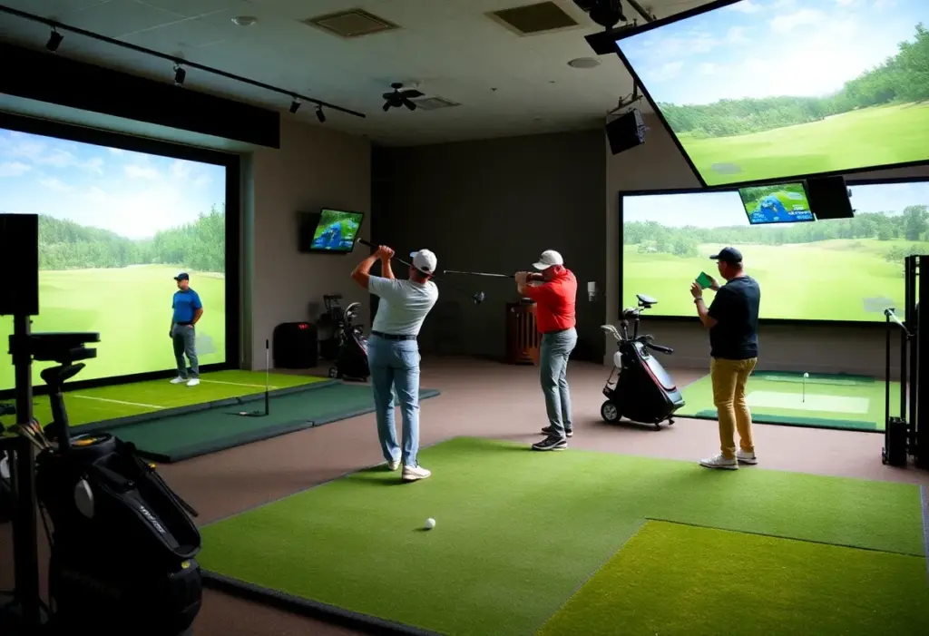 Golfers practicing at an indoor golf simulator facility