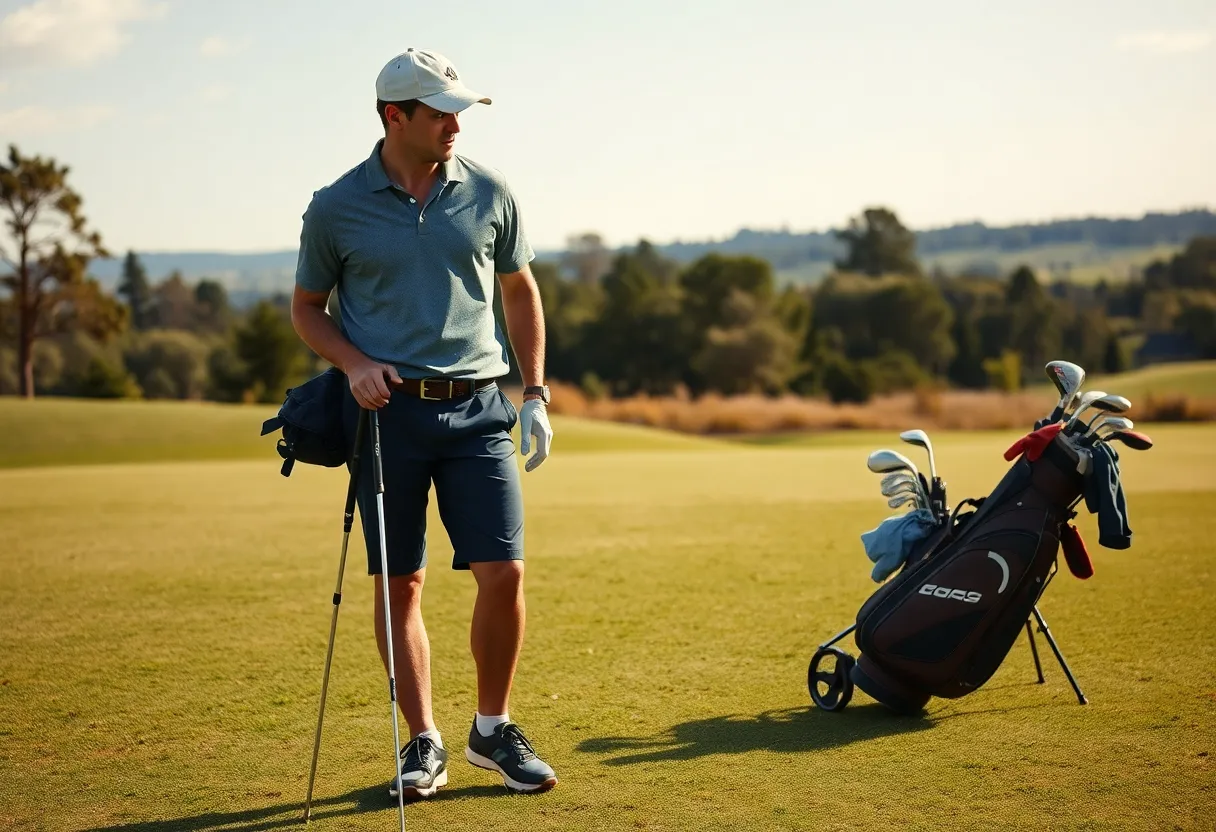 A professional golfer in a serene golf setting, preparing for a new season.