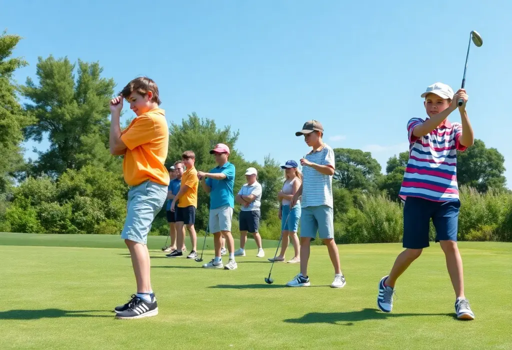 Young golfers practicing on a beautiful golf course