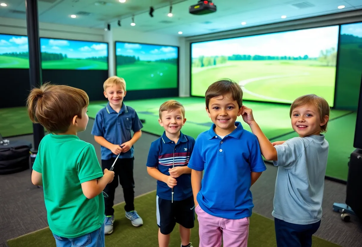 Children engaged in a junior golf program at an indoor facility