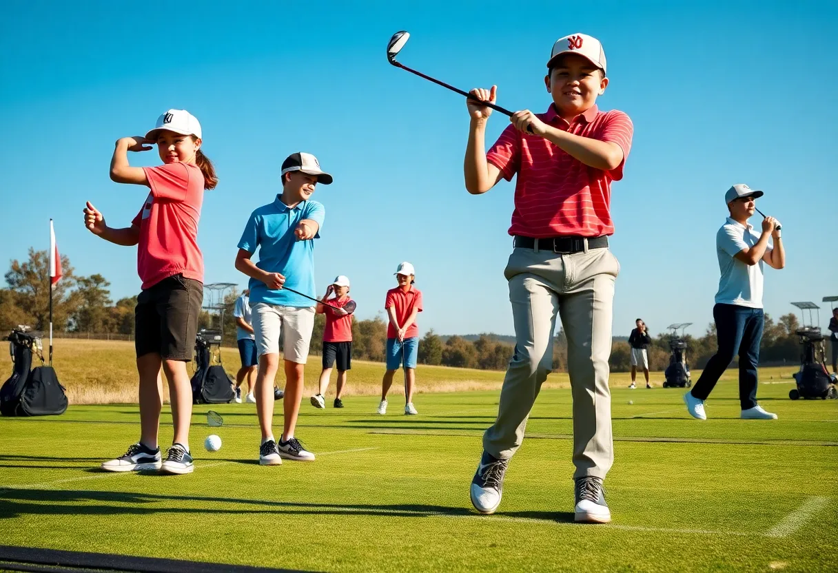 Young junior golfers practicing on a driving range