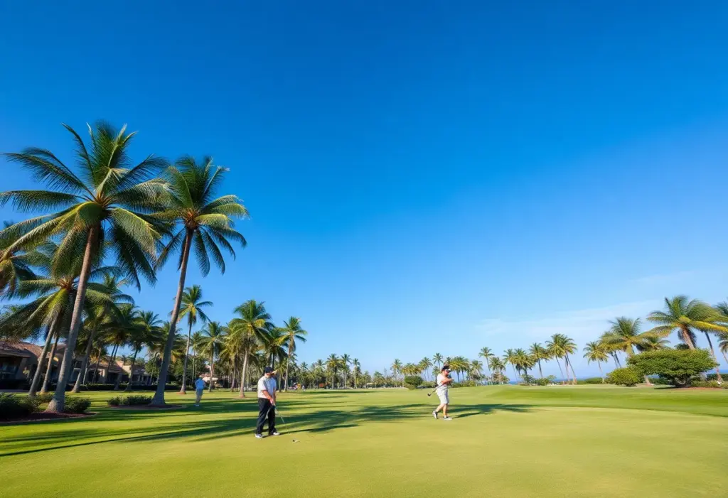 Luxurious golf course in Jupiter, Florida with golfers and palm trees