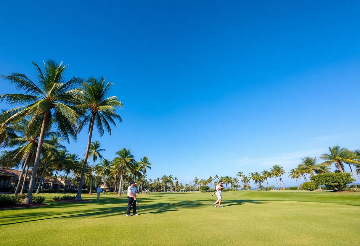 Luxurious golf course in Jupiter, Florida with golfers and palm trees