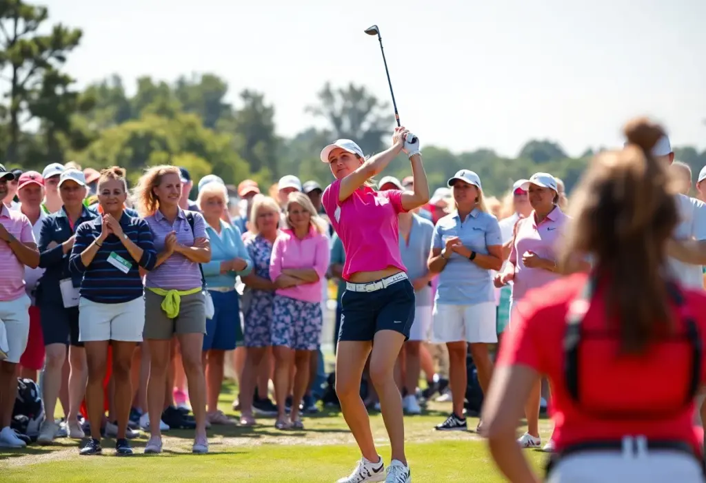 Women golfers competing in a vibrant tournament setting.