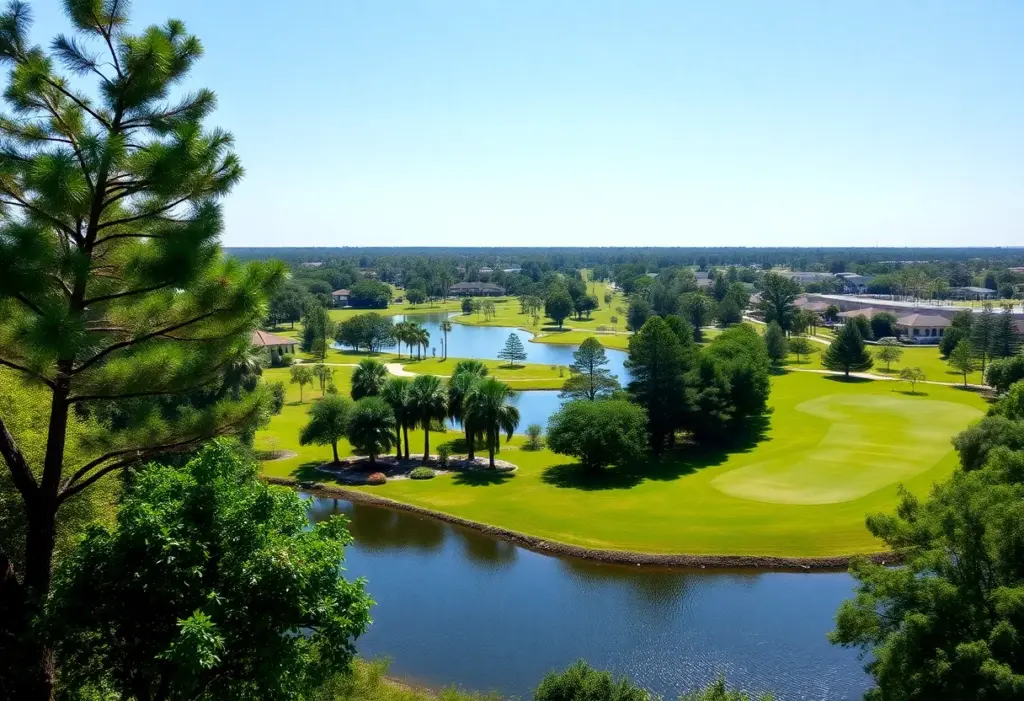 Scenic view of Lady Lake, Florida featuring golf courses and greenery.