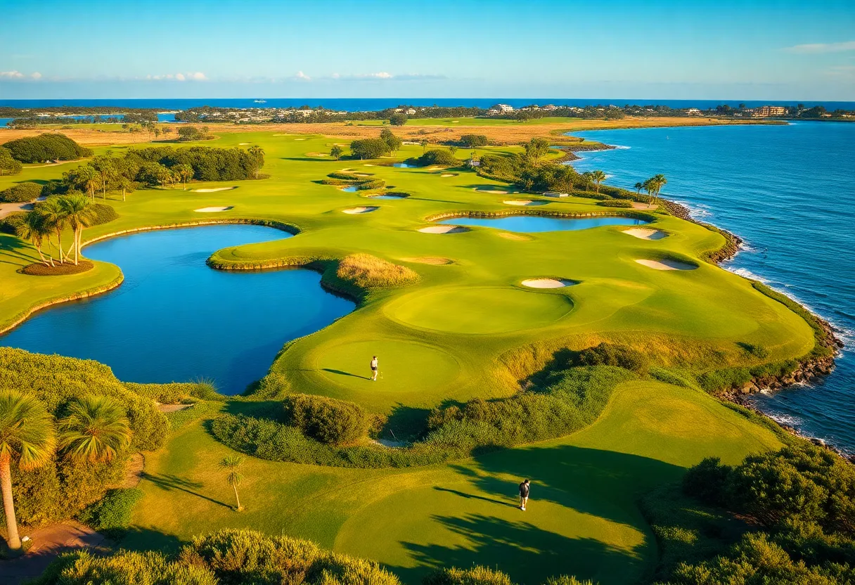 Scenic view of Laguna Golf course with lagoons and golfing activity