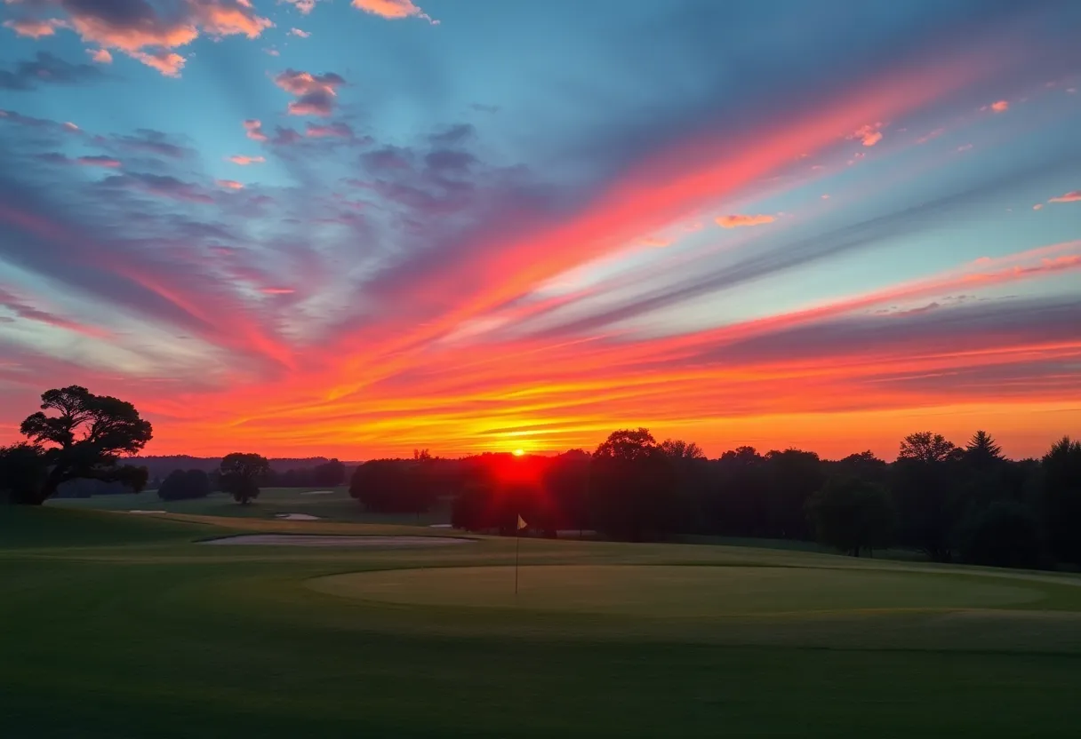 Scenic view of a golf course at sunset representing women's golf legacy.