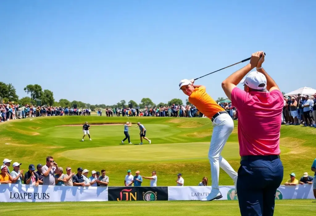 Action shot from a LIV Golf tournament with multiple golfers competing.