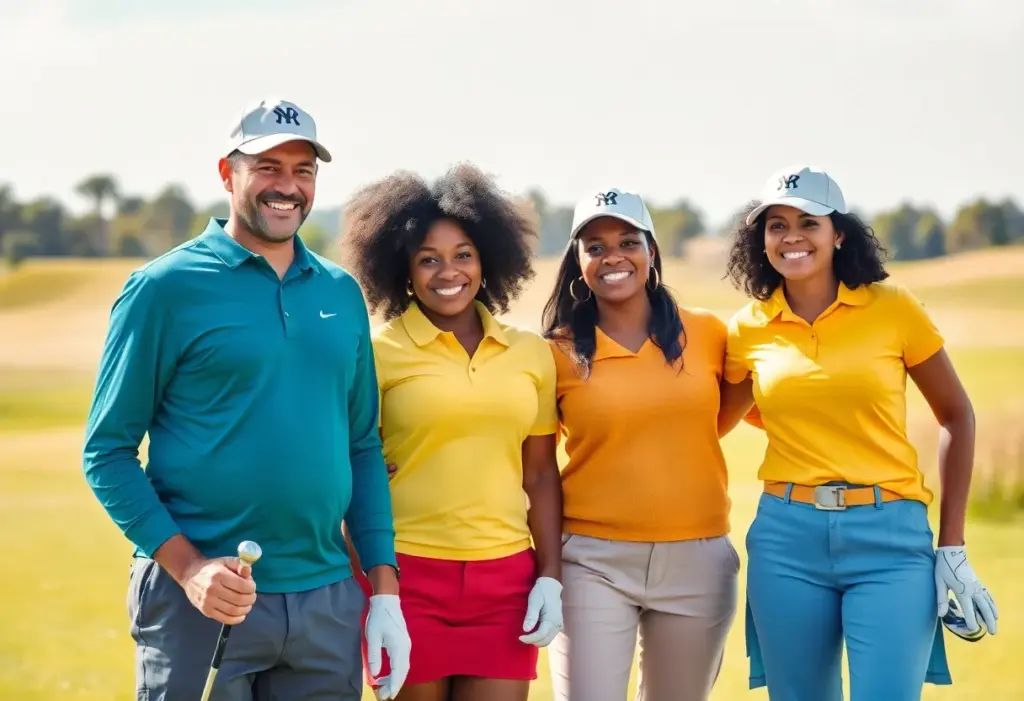 Diverse golfers enjoying a round of golf on a sunny day.