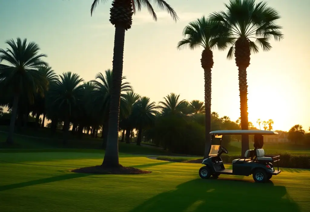 A scenic view of a luxurious golf course during sunset.