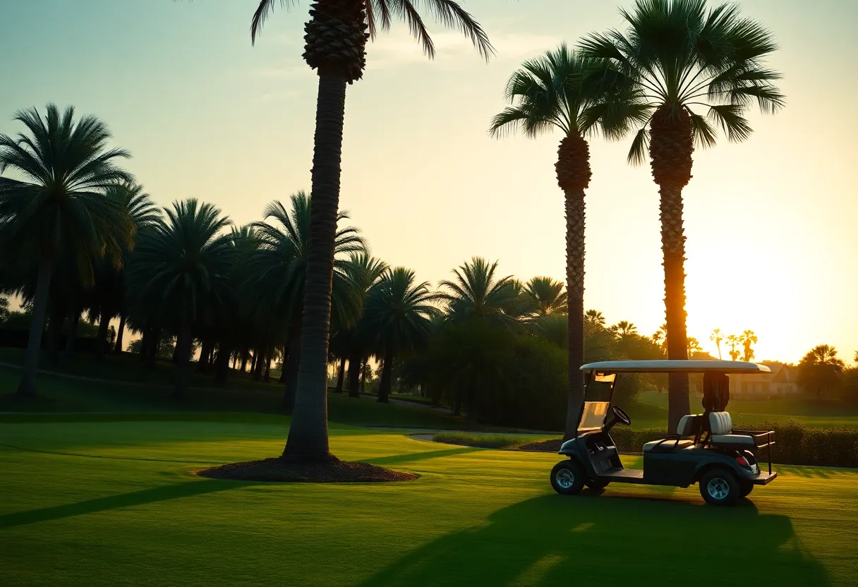 A scenic view of a luxurious golf course during sunset.