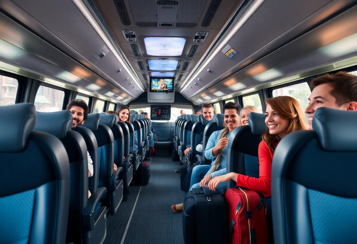 Interior of a luxury group travel bus with spacious seating
