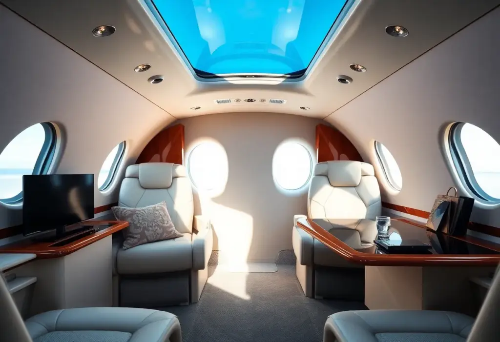 Interior of a luxurious private jet with comfortable seating