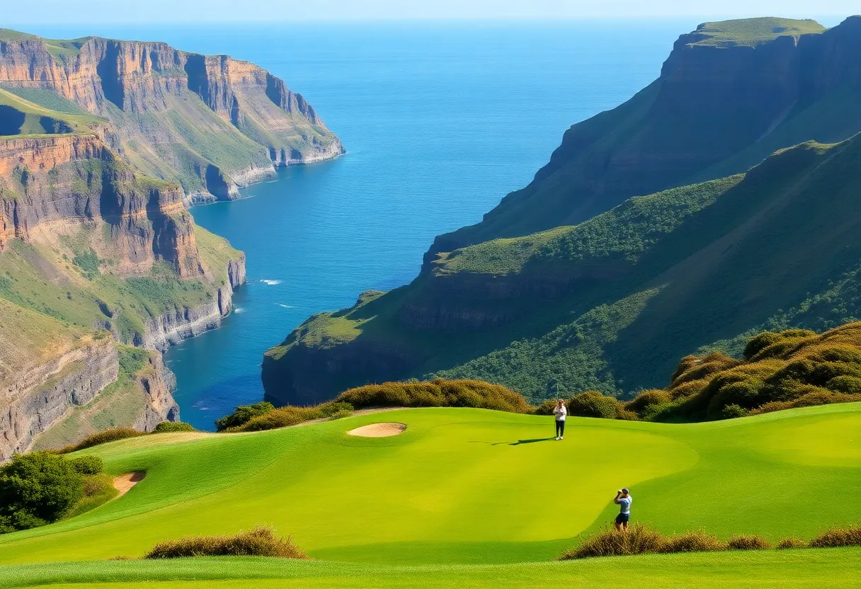 A stunning golf course on Madeira Island with cliffs and greenery.
