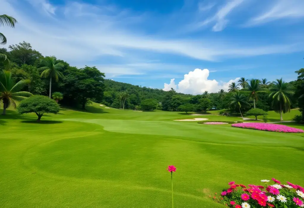 Beautiful Malaysian golf course with trees and mountains
