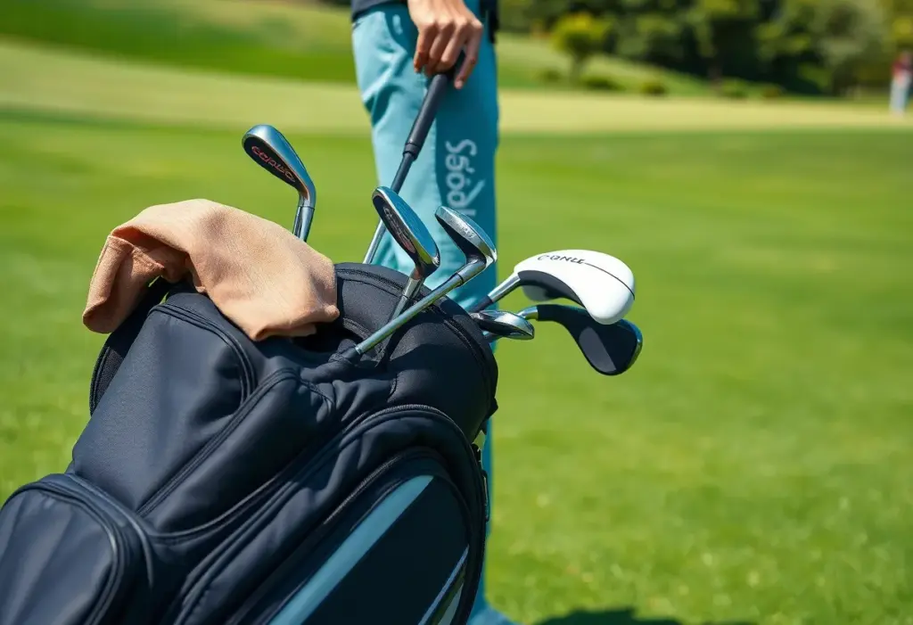 Modern golf clubs in a stylish golf bag on the course