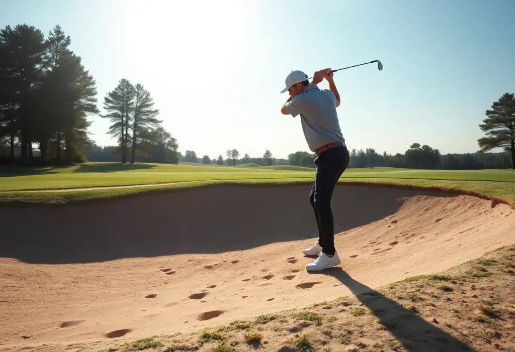 Golfer practicing bunker shots on a beautiful course