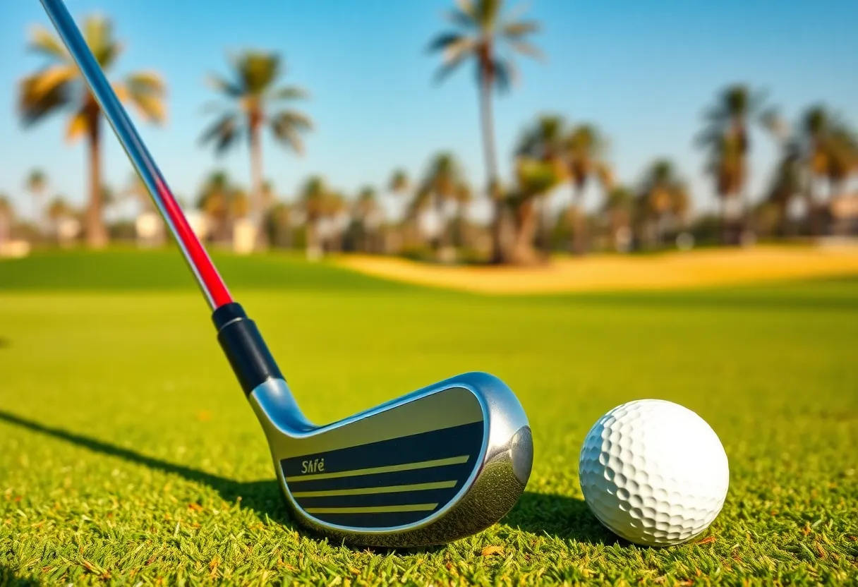 Cavity-back irons and golf ball on a Dubai golf course